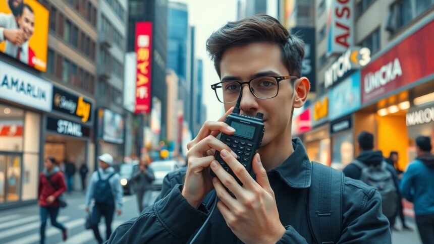 Fiatal férfi kézi rádióval a városban.