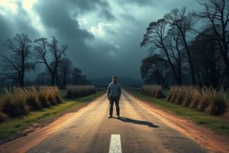 Egy fiatal férfi áll egy elhagyatott úton, sötét felhők alatt.
