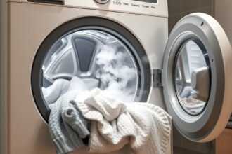 Gőzmosógép nyitott ajtaja, gőzölgő ruhákkal a tisztítás folyamatában.