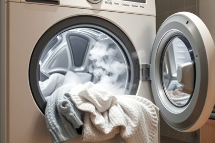 Gőzmosógép nyitott ajtaja, gőzölgő ruhákkal a tisztítás folyamatában.