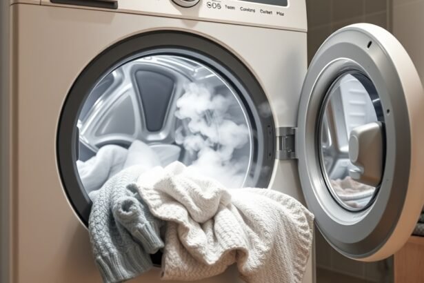 Gőzmosógép nyitott ajtaja, gőzölgő ruhákkal a tisztítás folyamatában.