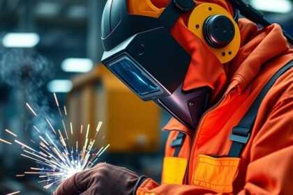 Alumínium hegesztése védőfelszerelésben, fémfüst kibocsátásával.