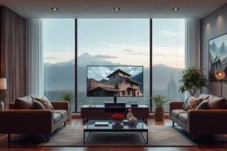 Panasonic TV 75W95BEG a modern nappaliban, gyönyörű kilátással.