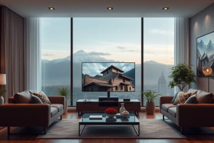 Panasonic TV 75W95BEG a modern nappaliban, gyönyörű kilátással.