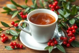 Fagyöngy tea gőzölög egy fehér bögre mellett, fagyöngy ággal díszítve.