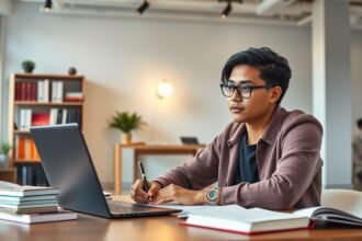 Fiatal férfi az ötletvizsga tervezésén dolgozik laptopnál.