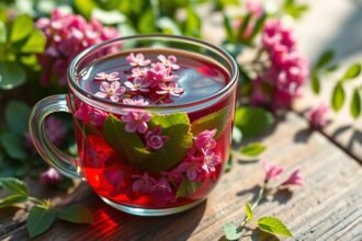 Vöröshere tea ízletes és szép virágokkal díszítve.