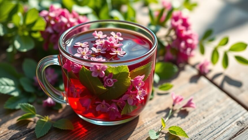Vöröshere tea ízletes és szép virágokkal díszítve.