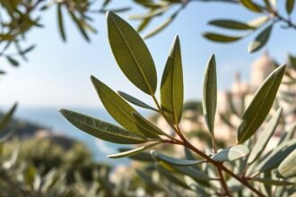 Olajfalevél a mediterrán tájon, egészség és vitalitás szimbóluma.