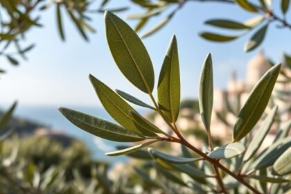 Olajfalevél a mediterrán tájon, egészség és vitalitás szimbóluma.