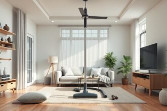 Központi porszívó használata otthon egy modern nappaliban