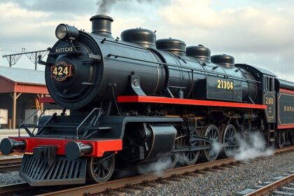 A MÁV 424-es gőzmozdony bal oldali nézete, gőzölgő kéményével.