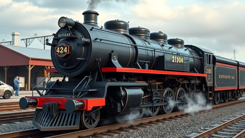 A MÁV 424-es gőzmozdony bal oldali nézete, gőzölgő kéményével.