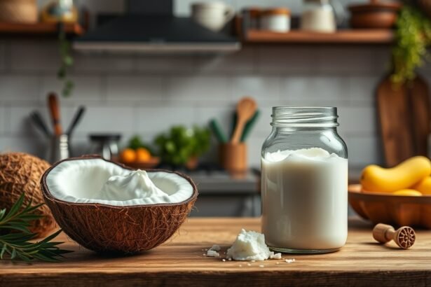 Kókuszzsír és kókuszdió, amelyek az egészséges táplálkozáshoz kapcsolódnak.