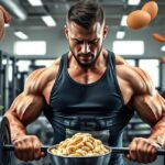 Férfi testépítő fehérjeforrásokkal és súlyzóval az edzőteremben.