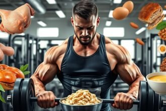 Férfi testépítő fehérjeforrásokkal és súlyzóval az edzőteremben.