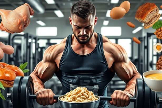 Férfi testépítő fehérjeforrásokkal és súlyzóval az edzőteremben.