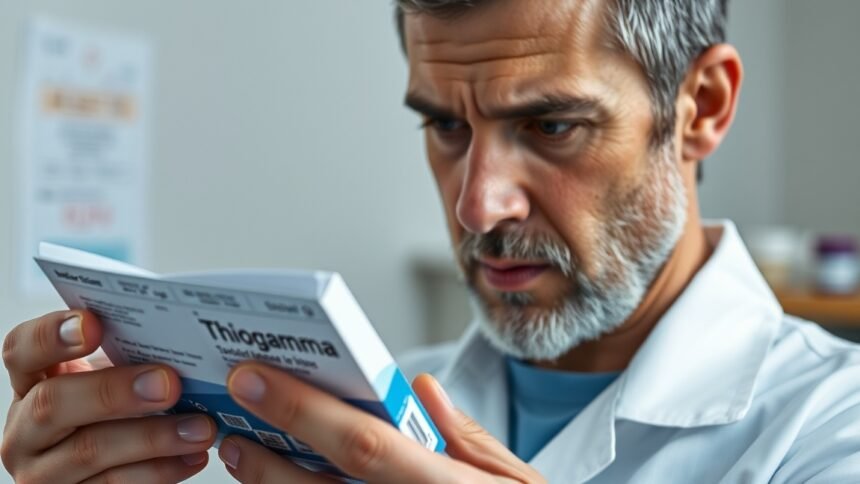 Orvos olvassa a Thiogamma gyógyszer dobozán található információt.