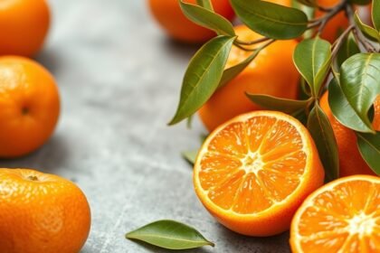 Friss mandarin gyümölcsök és levél, a tápláló emésztés támogatása érdekében