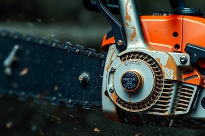 Láncfék részlete, amely biztonságos munkavégzést garantál emelőgépeknél.