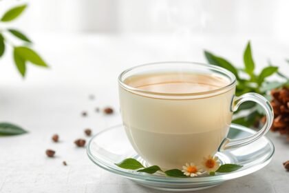 Friss, gőzölgő fehér tea egy átlátszó csészében, virágokkal és levelekkel díszítve.