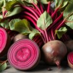 Friss nyers cékla szeletek és levelek egészséges háttérrel