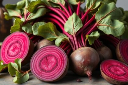 Friss nyers cékla szeletek és levelek egészséges háttérrel