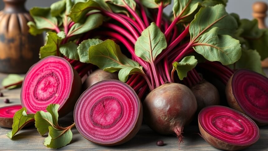 Friss nyers cékla szeletek és levelek egészséges háttérrel