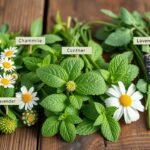 Friss gyógynövények, mint a kamilla, menta, levendula és conther.