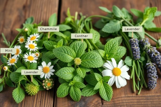 Friss gyógynövények, mint a kamilla, menta, levendula és conther.