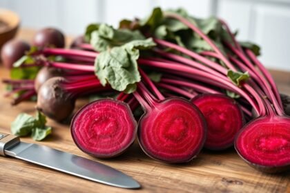 Friss cékla felvágva és egészben, egy fakanállal, egészséges táplálkozáshoz.