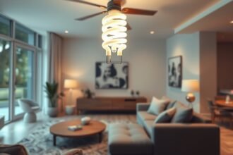 Kompakt fénycső világít egy modern nappaliban