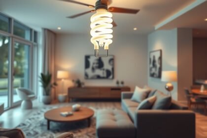 Kompakt fénycső világít egy modern nappaliban