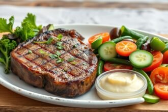 Marhahús steak friss zöldségekkel és mártással