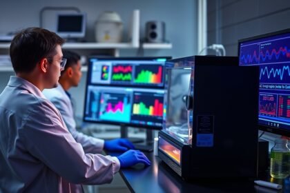 Laboratóriumi szakemberek HPLC rendszeren dolgoznak analízis közben