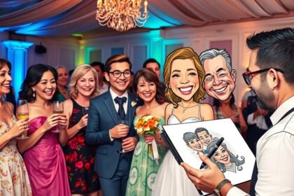 Esküvői karikatúra készítése vendégek körében