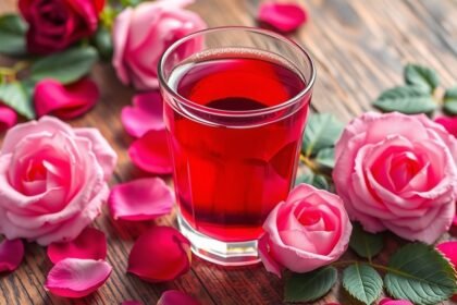 Rózsaszörp pohár rózsaszirmokkal díszítve az asztalon