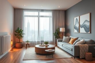 Modern otthoni enteriőr elektromos fűtéssel és kényelmes bútorokkal