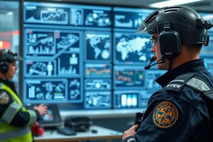 Két személy a TETRA digitális rádiórendszer operatív központjában, háttérben adatvizualizációs panelekkel.
