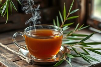 Fűzfakéreg tea gőzölgő csészében, természetes fájdalomcsillapító.