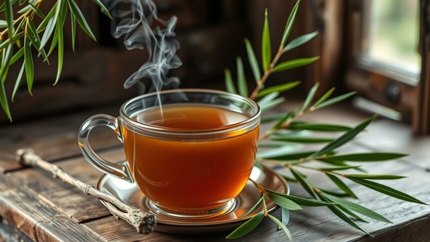 Fűzfakéreg tea gőzölgő csészében, természetes fájdalomcsillapító.