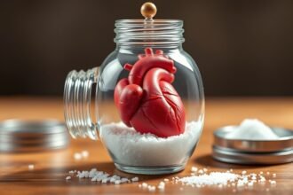 Egy szívmodell sóval teli üvegben, a sófogyasztás hatásaira utalva.