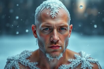 Férfi hidegterápiás tapasztalatát bemutató kép, jéghideg környezetben.