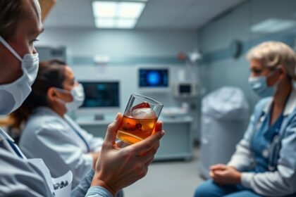 Orvosi környezetben cselekvés alatt álló egészségügyi szakemberek és alkoholt tartalmazó ital.