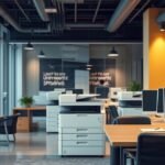 Modern iroda LED nyomtatókkal és számítógépekkel berendezve