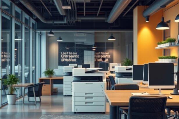 Modern iroda LED nyomtatókkal és számítógépekkel berendezve