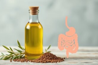 Köménymagolaj palack és köménymag, emésztési ikon háttérben.