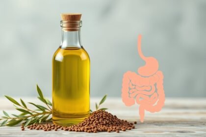 Köménymagolaj palack és köménymag, emésztési ikon háttérben.