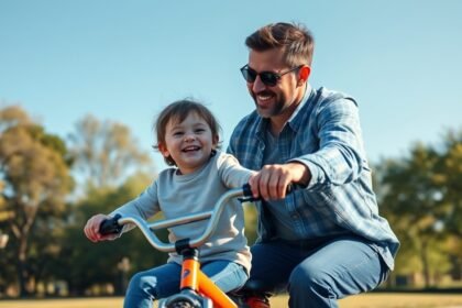 Apa és gyermek közös kerékpározása a parkban