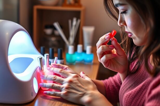 Nő gél lakk manikűrözés közben UV lámpával otthoni környezetben.